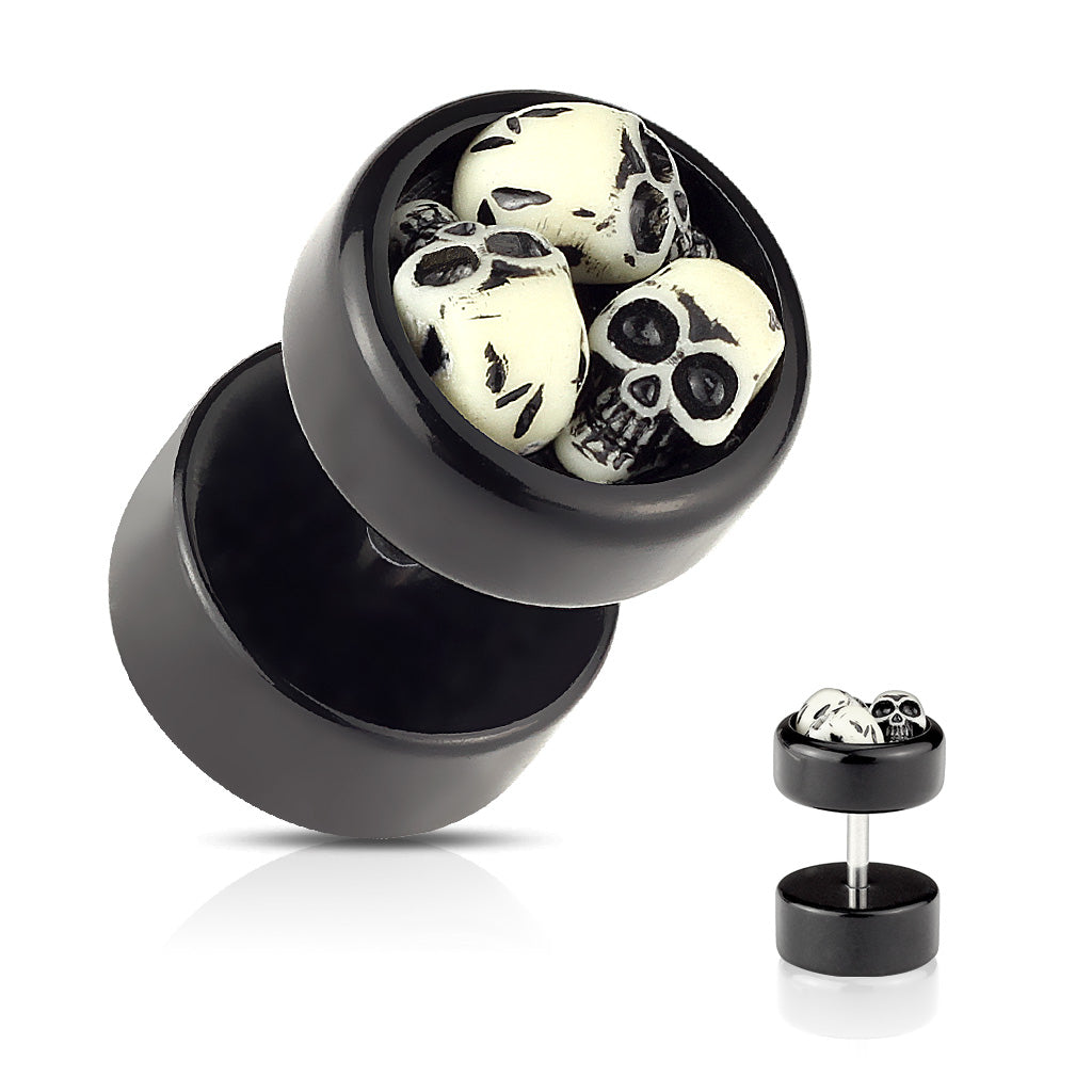 A pair Of 16G Three Embedded Skulls Black Acrylic (6mm) Fake Plugs